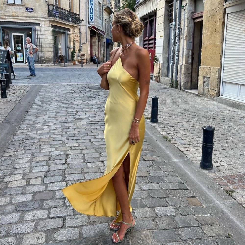 ZARA GOLD SATIN EFFECT CUTOUT ASYMMETRIC MIDI DRESS